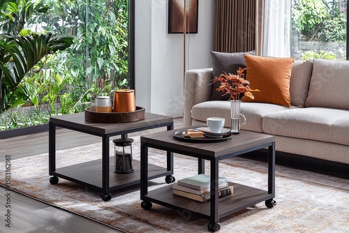 Minimalist black metal side tables with square design and casters, modern mobile set for living room gaming and coffee use