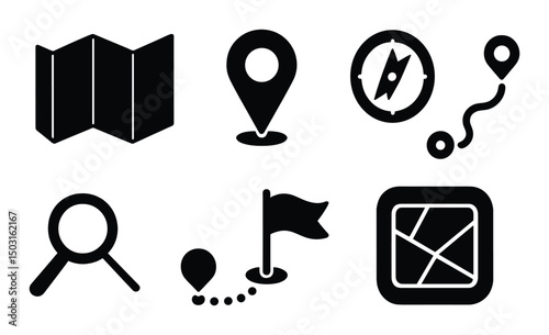 Navigation silhouette icons set – map, wayfinding and location marker designs