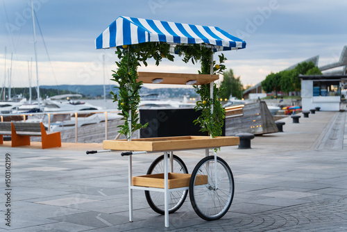 Charming bicycle drink cart with a blue and white awning and greenery on the waterfront in Oslo, Norway. photo