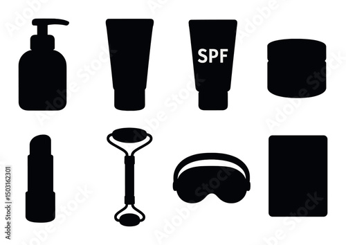 Beauty ritual icons set – silhouette, skincare, wellness essentials for daily routine