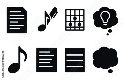 Songwriting silhouette icons set – simple, music composition and creative symbols