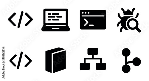 Programming silhouette icons set – code, development and software symbols