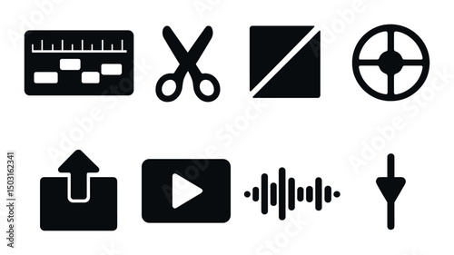 Video editing tools silhouette icons set: cut, compose, media editing symbols