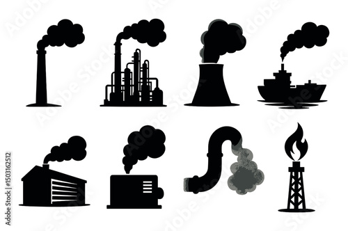 Industrial emissions icons set – silhouette, air pollution and environment symbols