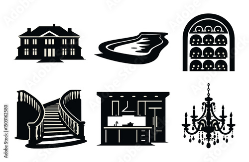 Luxury real estate silhouette icons set – premium, property and home design elements