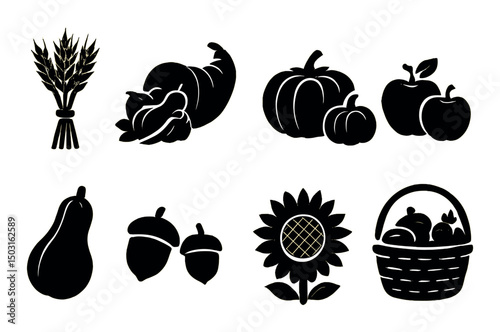 Harvest festival icons set – silhouette, autumn symbols and fall celebration elements
