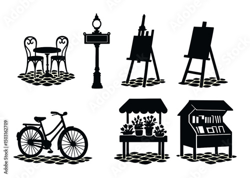 Parisian street silhouette icons set – simple urban, decorative city symbols