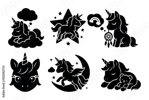Magical unicorn silhouette icons set – fantasy, mythical and dream symbols collection