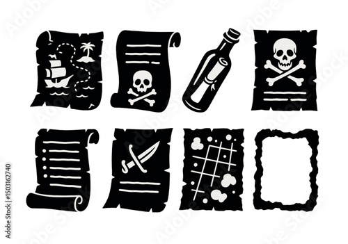 Pirate document silhouette icons set – map, treasure, and scroll graphic symbols