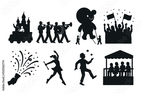 Parade and celebration silhouette icons set – festive, carnival and joyful symbols