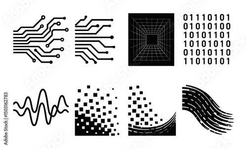 Futuristic tech silhouette icons set – digital, advanced technology and modern symbols