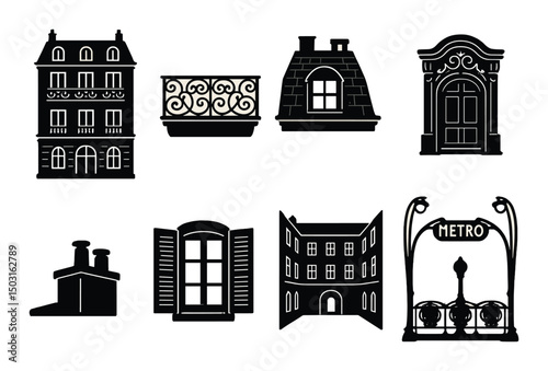Parisian architectural silhouette icons set – outline, building, urban elements