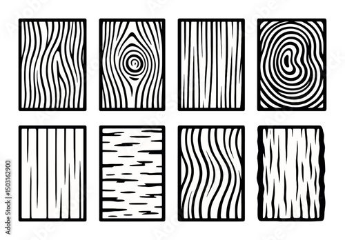 Wood texture silhouette icons set – outline, natural pattern, timber designs