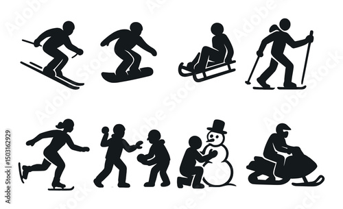 Winter fun silhouette icons set – snow activities, outdoor sports symbols