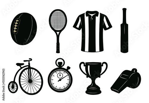 Vintage sports gear icons set – silhouette, classic and retro athletic symbols