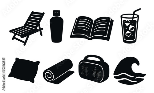 Beach essentials silhouette icons set – summer, seaside, and vacation imagery
