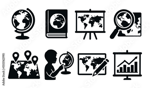 Educational map silhouette icons set – globe, location, learning visuals for schools