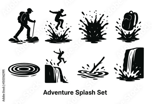 Adventure splash silhouette icons set – hiking, outdoor activity, nature symbols