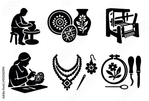 Ukrainian craft silhouette icons set – traditional, folk art, cultural symbols