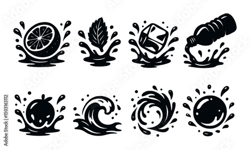 Fresh splash silhouette icons set – water, wave and liquid symbols