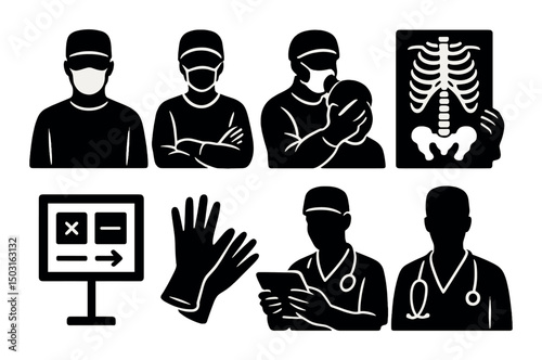 Medical and healthcare silhouette icons set – surgery, hospital, doctor symbols