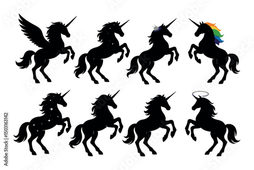 Fantasy unicorn silhouette icons set – mythical, magical creatures design
