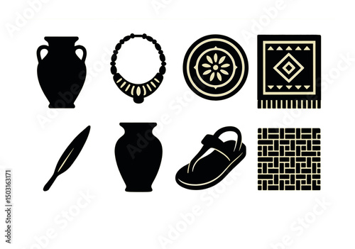 Egyptian crafts silhouette icons set – traditional, artisanal and cultural symbols