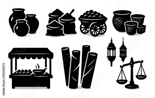 Indian market silhouette icons set – traditional, cultural and heritage symbols