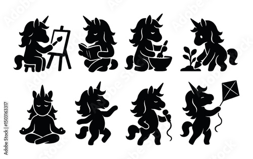 Unicorn activity silhouette icons set – magical, mythical and fantasy creature symbols