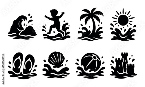Beach and water silhouette icons set – simple splash, seaside and ocean elements