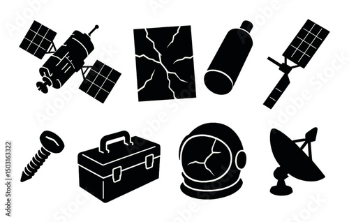 Space debris silhouette icons set – cosmic, orbital and satellite symbols collection