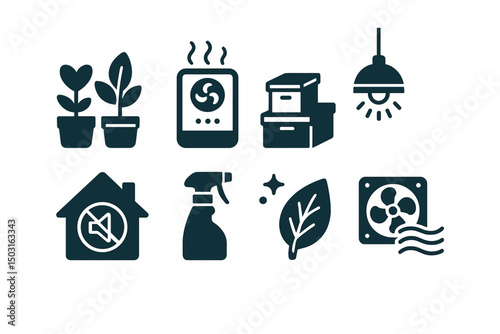 Two-Color vector icons of healthy environment: indoor plants, air purifier, declutter icon, calm lighting. Clean space, no noise icon, toxin-free cleaners, ventilation icon.