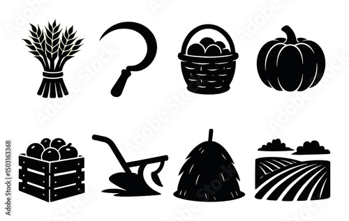 Ukrainian harvest silhouette icons set – simple, farming and agriculture symbols