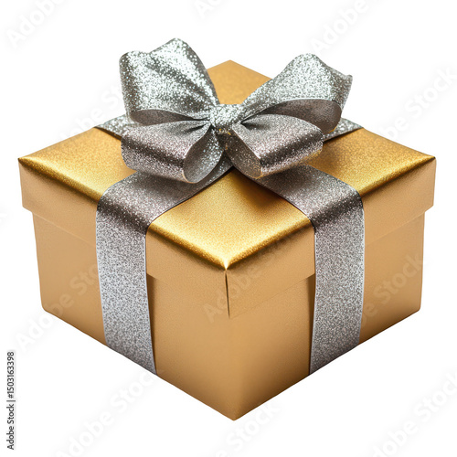 Gold gift box with silver bow isolated on transparent background