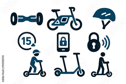 Two-Color vector icons of micromobility: hoverboard, compact e-bike, folding scooter, solo commuter. Helmet icon, speed limiter, app unlock icon, smart lock.