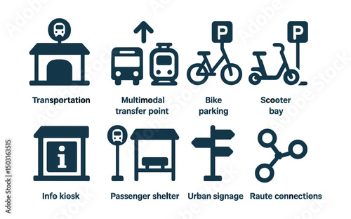 Two-Color vector icons of mobility hubs: transport station icon, multimodal transfer point, bike parking, scooter bay. Info kiosk, passenger shelter, urban signage, route connections.