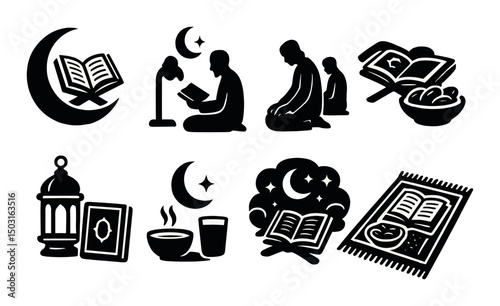 Ramadan silhouette icons set – fasting, prayer and crescent symbol collection