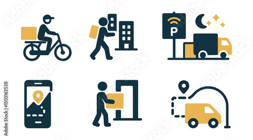 Two-Color vector icons of city logistics: freight e-bike, urban delivery, smart loading zone, route optimization. Courier app, urban drop, night delivery icon, small vehicle access.