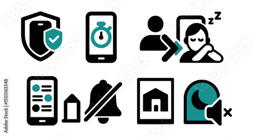 Two-Color vector icons of mindful social use: online boundary icon, app timer, unfollow decision, social rest. Filtered feed, mute notifications, digital space, quiet mode.