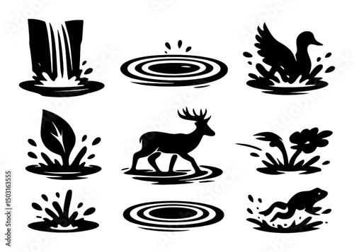Nature and wildlife silhouette icons set - splash, scenery, and animal symbols