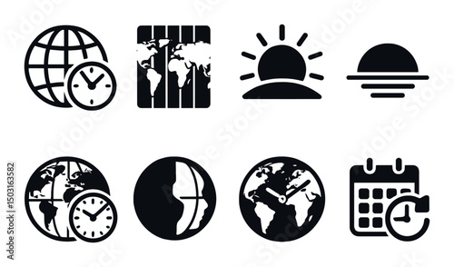 World time zone silhouette icons set – universal, global, timekeeping symbols