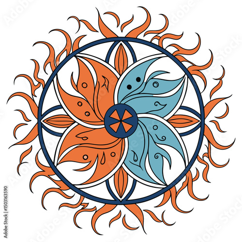 Striking Abstract Mandala with Fiery Orange and Red Colors Vibrant Geometric Decorative Vector Design

