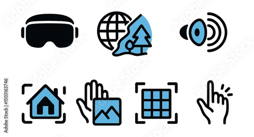 Two-Color vector icons of mixed reality: MR headset, blended world icon, spatial sound, hand tracking. Environment scan, context merge, room mapping, gesture icon.