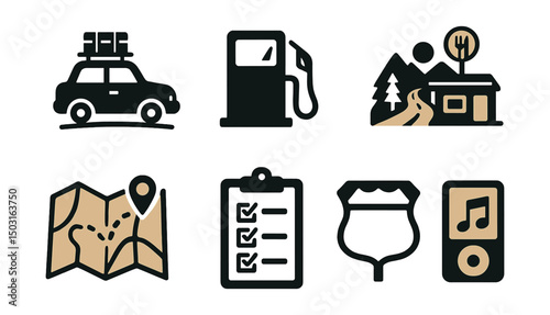 Two-Color vector icons of road trips: car with luggage, fuel icon, road map, roadside diner. Scenic route, trip checklist, highway sign, travel playlist.