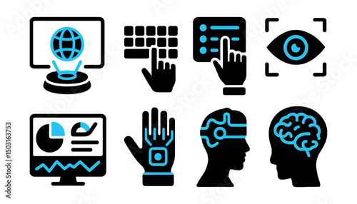 Two-Color vector icons of futuristic interfaces: holographic display, virtual keyboard, gesture menu, eye control. AR dashboard, immersive interface, smart glove, brain control icon.