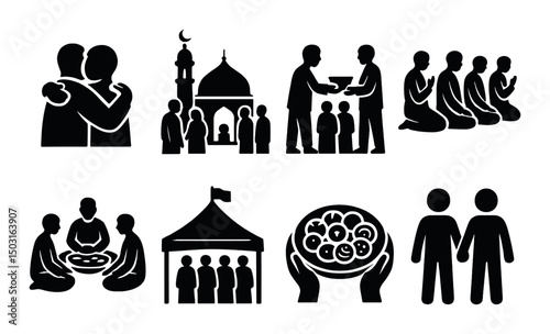 Eid and community silhouette icons set – simple festive and cultural symbols
