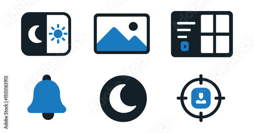 Two-Color vector icons of workspace customization: theme mode icon, wallpaper option, widget icon, layout editor. Notification tone, dark mode, productivity app, focus setting.
