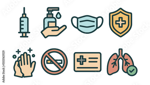 Outline with Fill icon set for preventive health: vaccine syringe, hand sanitizer, face mask, immunity shield, clean hands, no smoking symbol, health insurance card, healthy lungs.