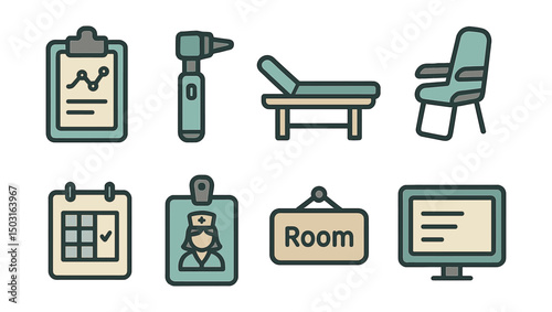 Outline with Fill icon set for doctor’s office: clipboard with chart, otoscope, examination bed, waiting chair, appointment calendar, nurse badge, room sign, digital screen.