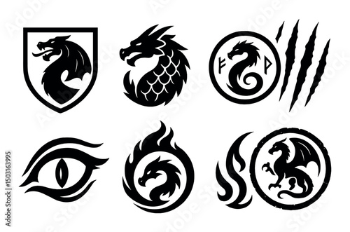Dragon crest silhouette icons set – emblem, mythical and fantasy creature symbols